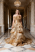 Gold Ruffled Tiered Strapless Ball Gown Luxurious Elegant Prom Gala Dress, PD01218
