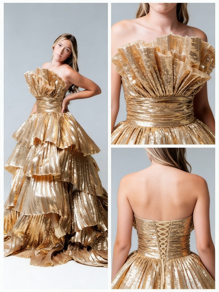 Gold Ruffled Tiered Strapless Ball Gown Luxurious Elegant Prom Gala Dress, PD01218