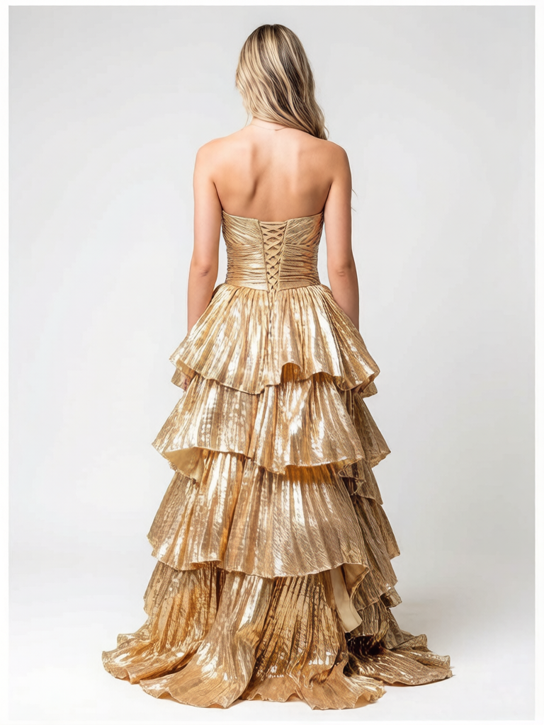 Gold Ruffled Tiered Strapless Ball Gown Luxurious Elegant Prom Gala Dress, PD01218