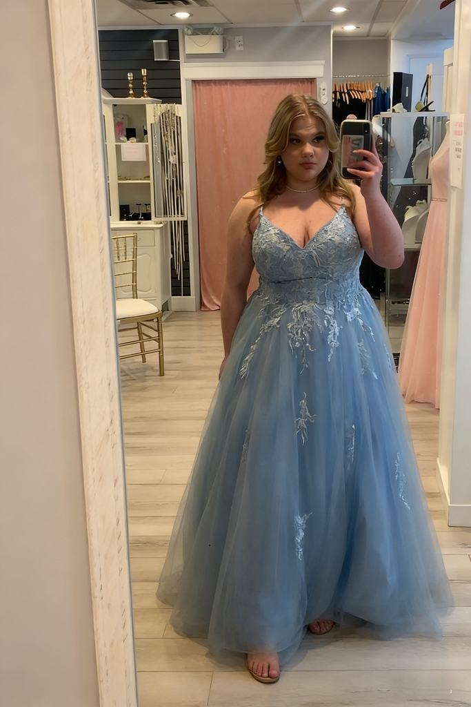 Dusty Blue Lace Tulle Ball Gown Romantic Elegant Plus Size Prom Dress, PD01219