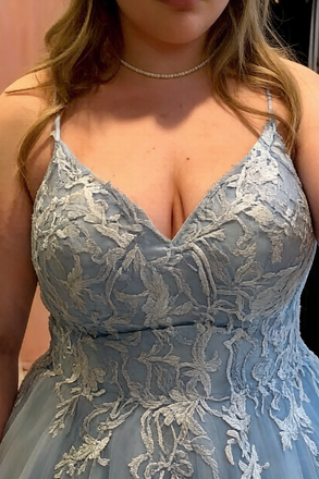 Dusty Blue Lace Tulle Ball Gown Romantic Elegant Plus Size Prom Dress, PD01219