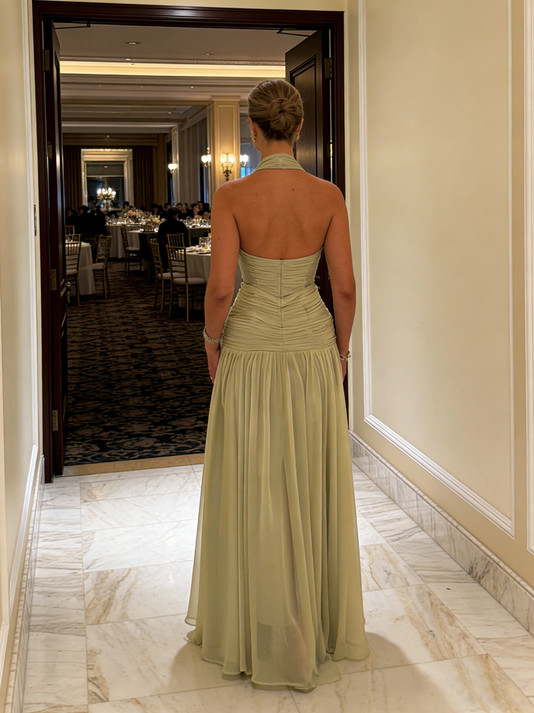 Sage Green Halter Chiffon Maxi Dress Flowy Elegant Formal Evening Gown, PD01216
