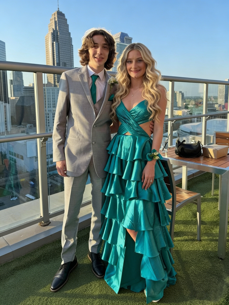 Teal Ruffle Layered Spaghetti Strap Prom Dress with Cutout Back Formal Evening Gown, PD01220