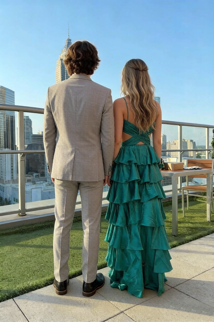 Teal Ruffle Layered Spaghetti Strap Prom Dress with Cutout Back Formal Evening Gown, PD01220