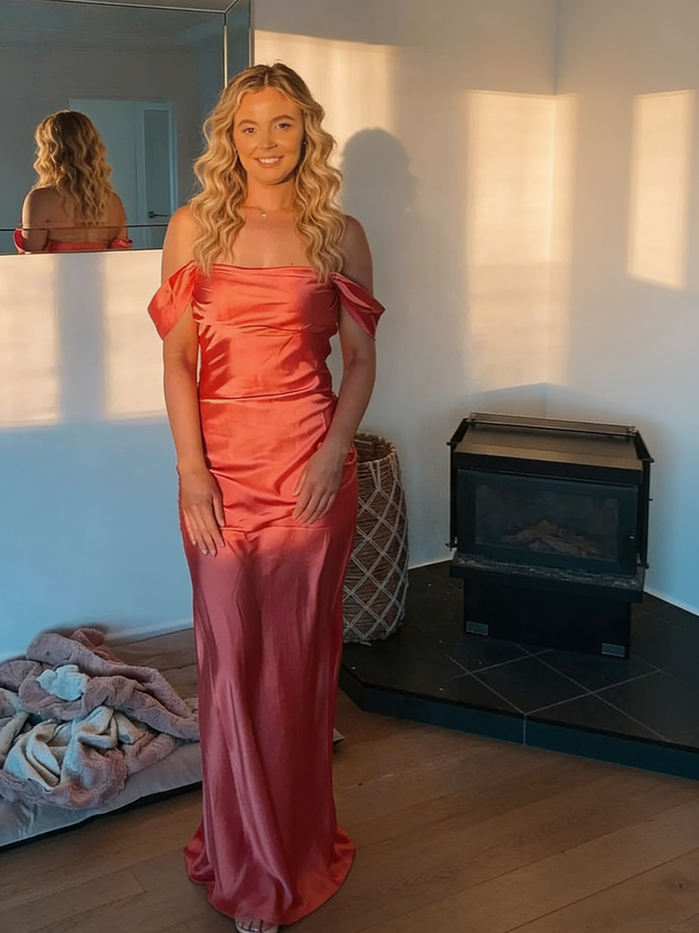 Coral Satin Off the Shoulder Mermaid Maxi Dress - Formal Cocktail & Gala Gown, PD01221