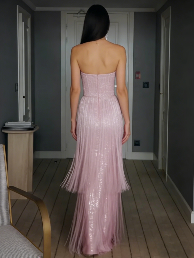 Sparkly Pink Tassel Sequin Maxi Dress - Strapless Formal Evening Gown, PD01222