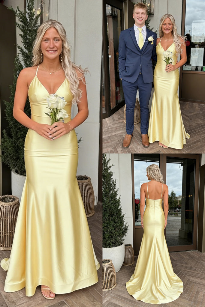 Butter Yellow Satin Spaghetti Strap Mermaid Evening Gown with Open Back, PD01224