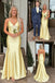 Butter Yellow Satin Spaghetti Strap Mermaid Evening Gown with Open Back, PD01224