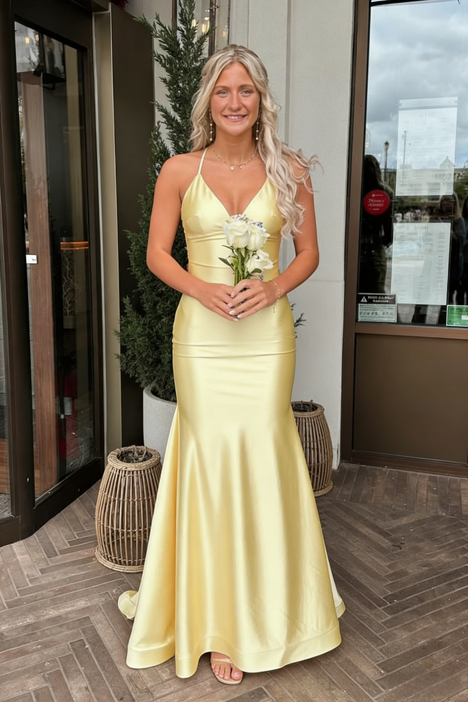 Butter Yellow Satin Spaghetti Strap Mermaid Evening Gown with Open Back, PD01224