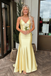 Butter Yellow Satin Spaghetti Strap Mermaid Evening Gown with Open Back, PD01224