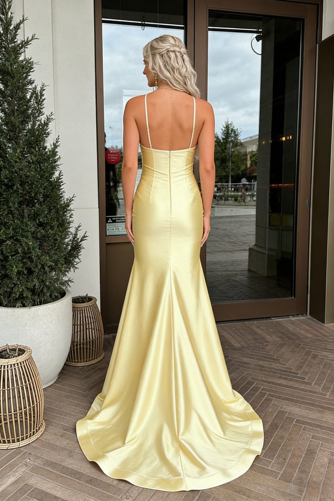 Butter Yellow Satin Spaghetti Strap Mermaid Evening Gown with Open Back, PD01224