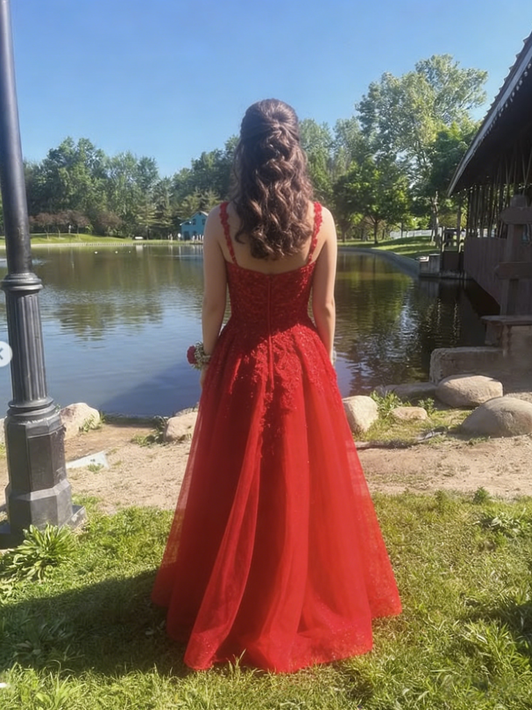 Red Lace Embroidered Tulle A-Line Evening Gown with Sweetheart Neckline, PD01225