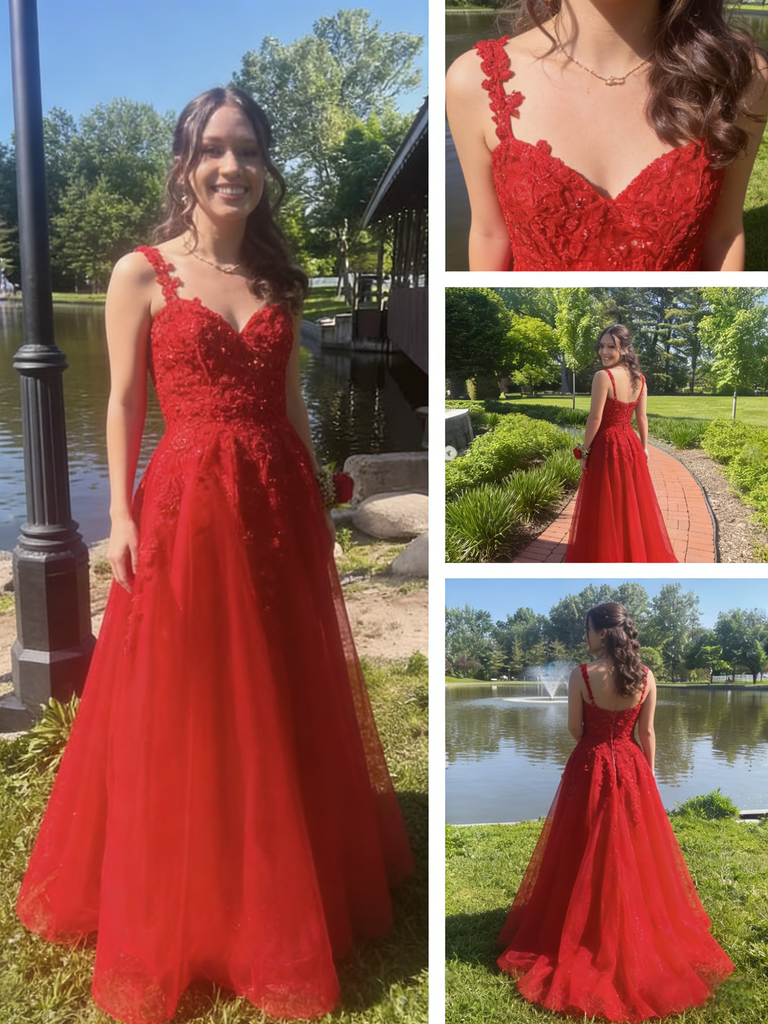 Red Lace Embroidered Tulle A-Line Evening Gown with Sweetheart Neckline, PD01225