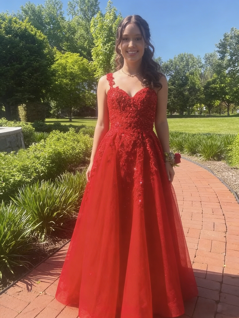 Red Lace Embroidered Tulle A-Line Evening Gown with Sweetheart Neckline, PD01225