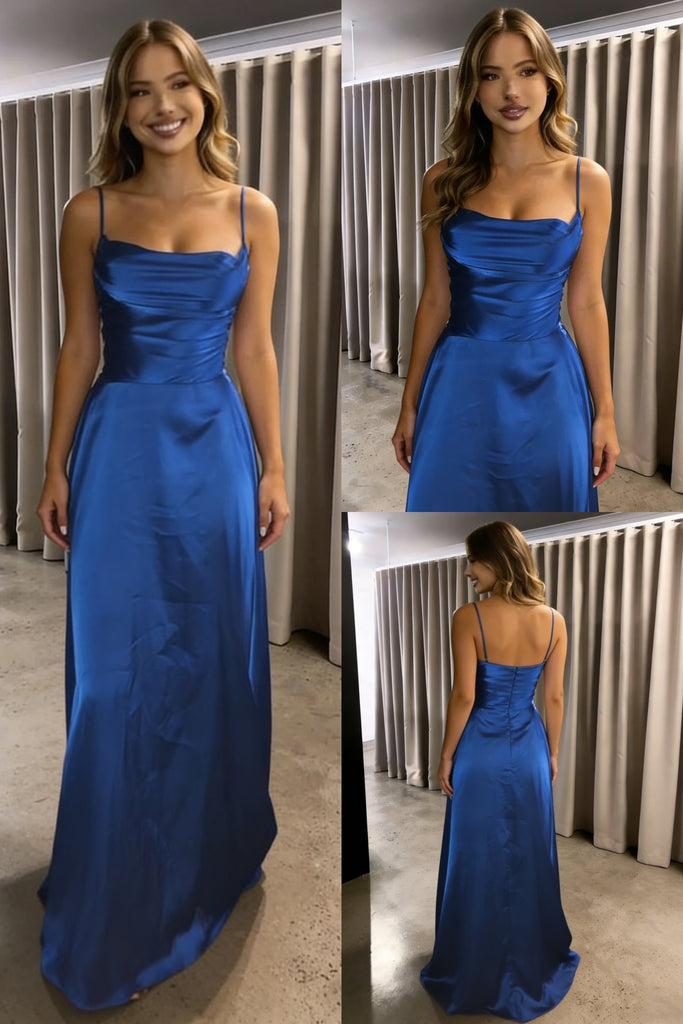 Royal Blue Satin Spaghetti Strap Evening Gown with Open Back, PD01226