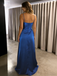 Royal Blue Satin Spaghetti Strap Evening Gown with Open Back, PD01226