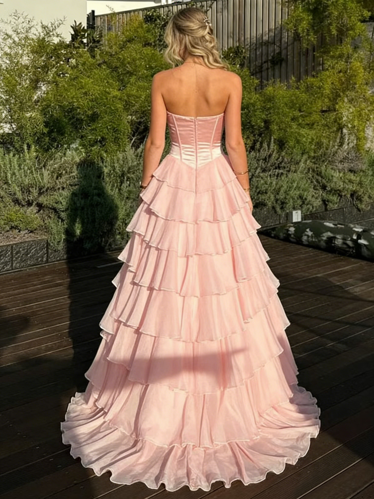 Blush Pink Strapless Ruffle Tiered Ball Gown with Corset Bodice for Prom & Formal Events, PD01227