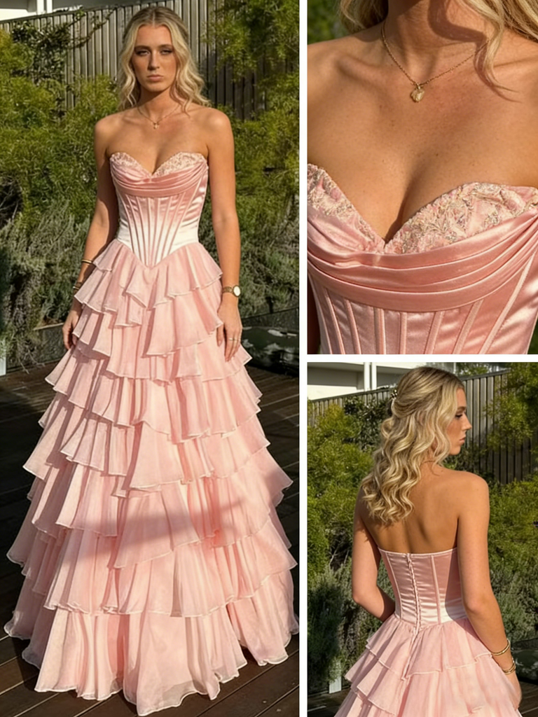 Blush Pink Strapless Ruffle Tiered Ball Gown with Corset Bodice for Prom & Formal Events, PD01227