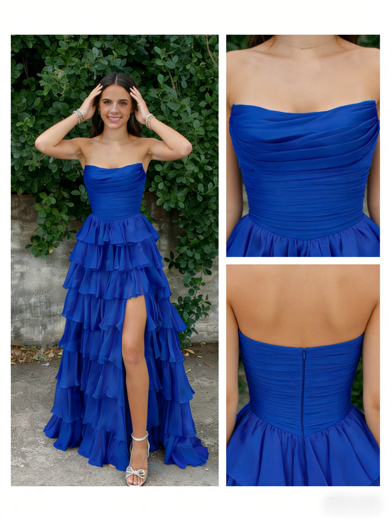 Royal Blue Strapless Ruched Tiered Ruffle Gown with High Slit for Prom & Formal Events, PD01228