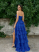 Royal Blue Strapless Ruched Tiered Ruffle Gown with High Slit for Prom & Formal Events, PD01228