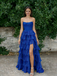 Royal Blue Strapless Ruched Tiered Ruffle Gown with High Slit for Prom & Formal Events, PD01228