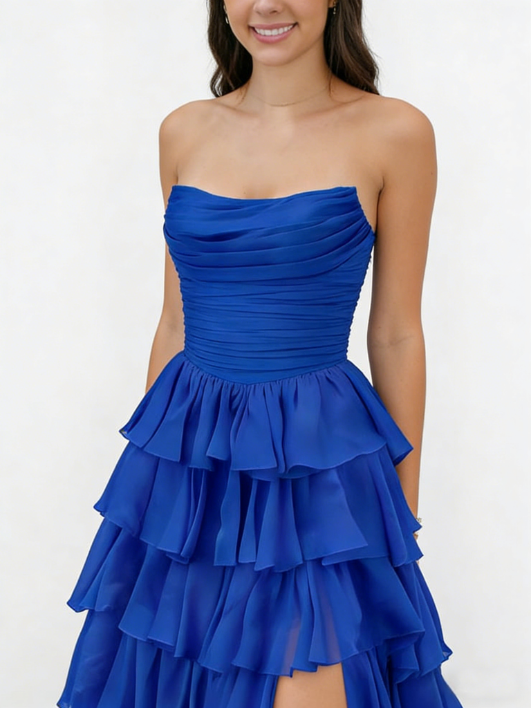 Royal Blue Strapless Ruched Tiered Ruffle Gown with High Slit for Prom & Formal Events, PD01228