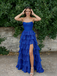 Royal Blue Strapless Ruched Tiered Ruffle Gown with High Slit for Prom & Formal Events, PD01228