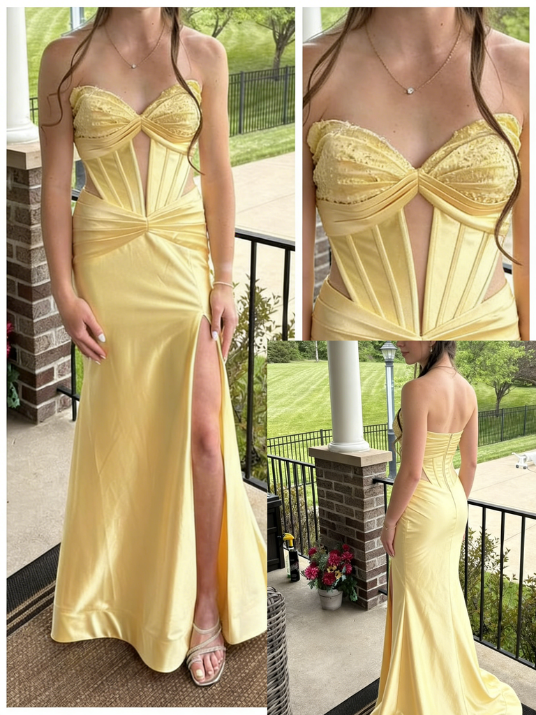 Bright Yellow Soft Satin Strapless Corset High Slit Formal Gown | Prom & Party Dress, PD01231