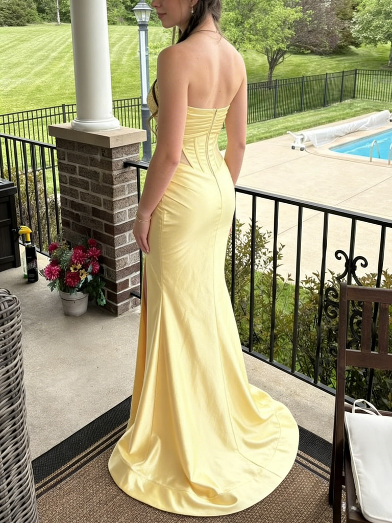 Bright Yellow Soft Satin Strapless Corset High Slit Formal Gown | Prom & Party Dress, PD01231