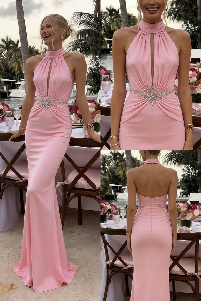 Blush Pink Halter Keyhole Beaded Waist Mermaid Prom Dress - Glamorous Formal Evening Gown, PD01233