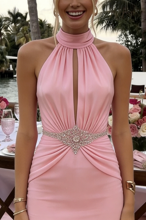 Blush Pink Halter Keyhole Beaded Waist Mermaid Prom Dress - Glamorous Formal Evening Gown, PD01233