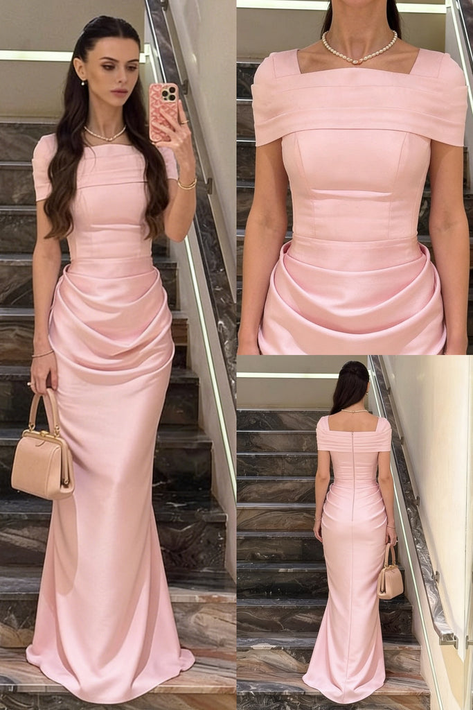 Blush Pink Square Neck Ruched Waist Mermaid Dress - Elegant Formal Evening Gown, PD01234