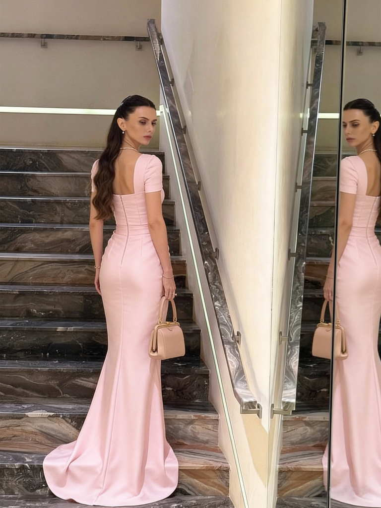 Blush Pink Square Neck Ruched Waist Mermaid Dress - Elegant Formal Evening Gown, PD01234