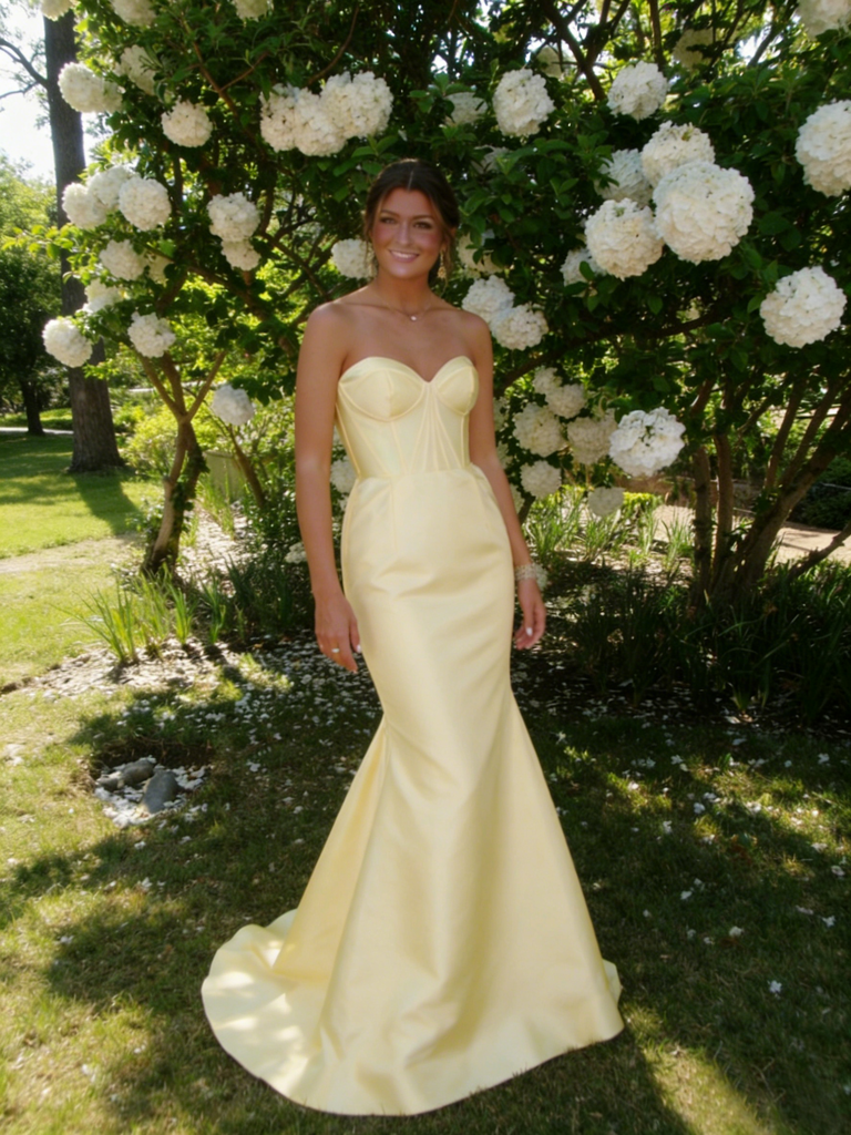 Bright Yellow Satin Strapless Corset Mermaid Formal Gown | Prom & Party Dress, PD01232
