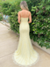 Romantic Pale Yellow Lace Spaghetti Strap Mermaid Prom Dress Formal Gown, PD01235