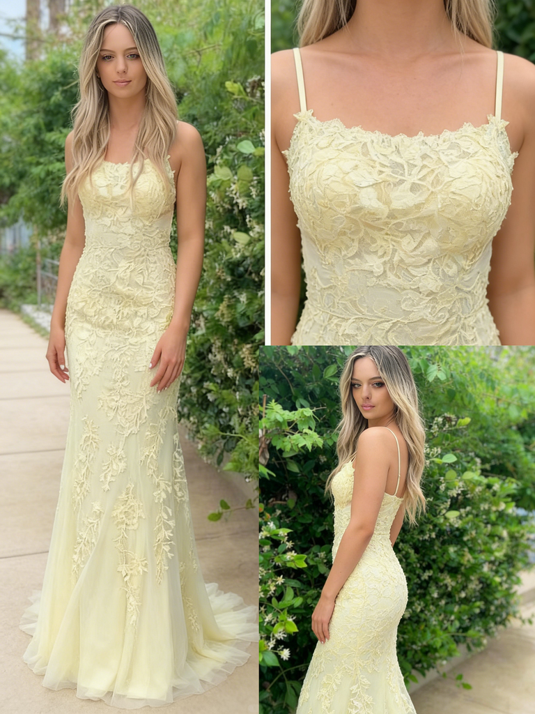 Romantic Pale Yellow Lace Spaghetti Strap Mermaid Prom Dress Formal Gown, PD01235