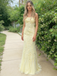 Romantic Pale Yellow Lace Spaghetti Strap Mermaid Prom Dress Formal Gown, PD01235