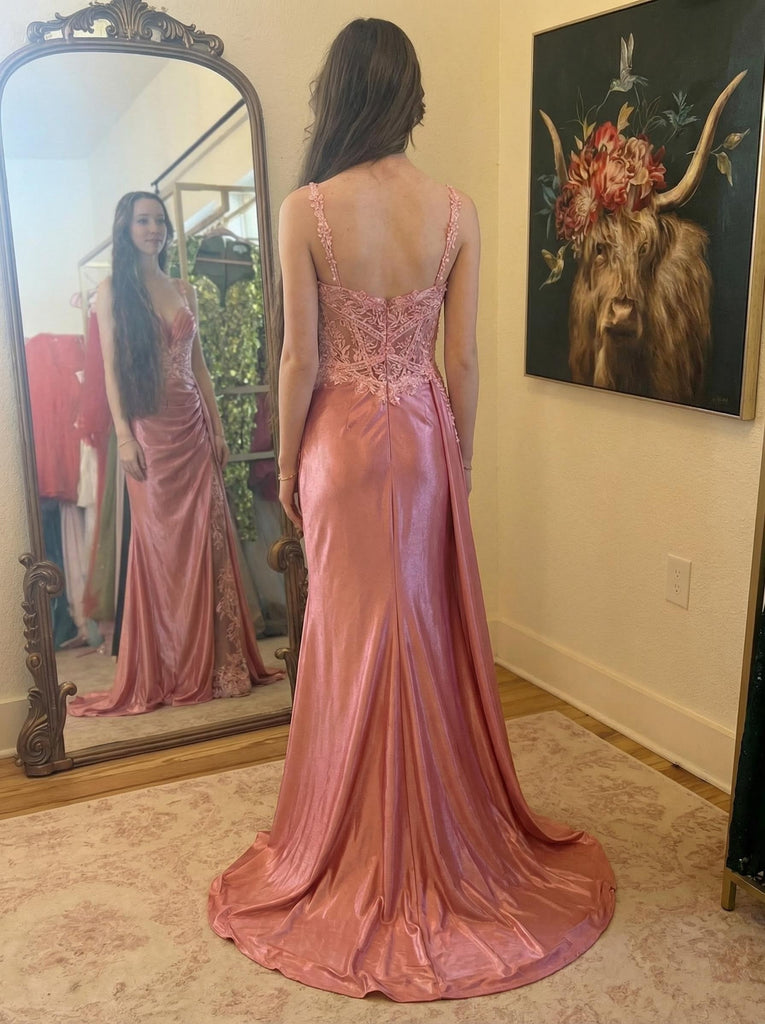 Blush Pink Satin Lace Mermaid Prom Dress | Spaghetti Strap Formal Evening Gown, PD01236