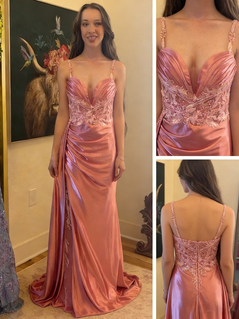 Blush Pink Satin Lace Mermaid Prom Dress | Spaghetti Strap Formal Evening Gown, PD01236
