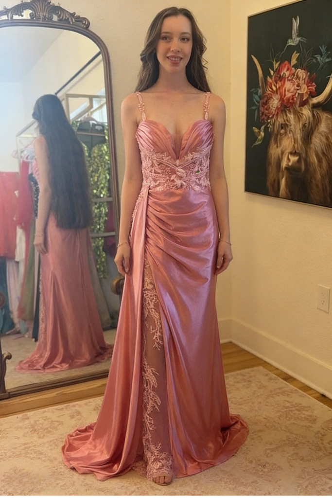 Blush Pink Satin Lace Mermaid Prom Dress | Spaghetti Strap Formal Evening Gown, PD01236