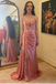 Blush Pink Satin Lace Mermaid Prom Dress | Spaghetti Strap Formal Evening Gown, PD01236
