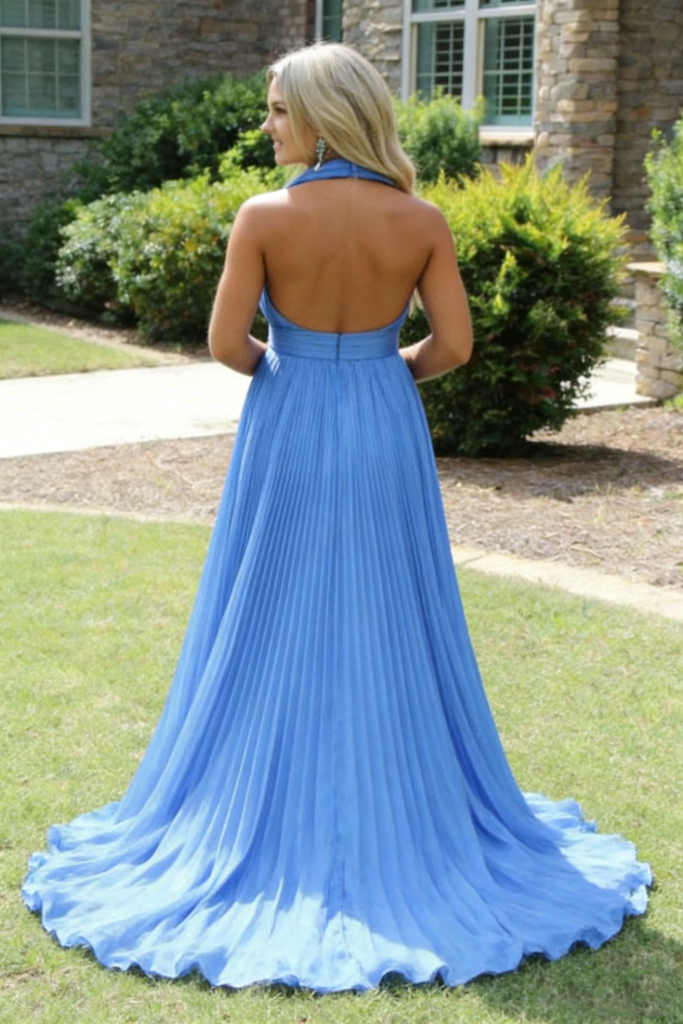 Flowy Sky Blue Halter Pleated Chiffon Dress | High Slit Backless Formal Evening Gown, PD01237