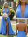 Flowy Sky Blue Halter Pleated Chiffon Dress | High Slit Backless Formal Evening Gown, PD01237
