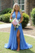 Flowy Sky Blue Halter Pleated Chiffon Dress | High Slit Backless Formal Evening Gown, PD01237