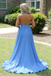 Flowy Sky Blue Halter Pleated Chiffon Dress | High Slit Backless Formal Evening Gown, PD01237