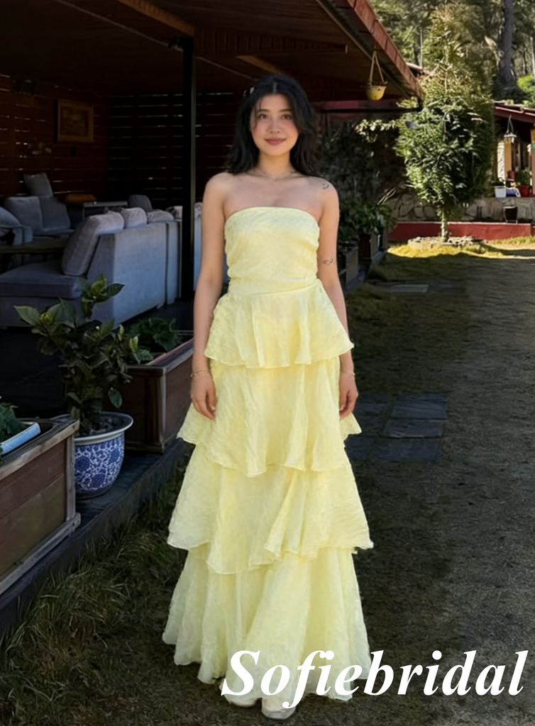 Butter Yellow Chiffon Strapless Ruffle Tiered Maxi Dress – Flowy Bridesmaid & Graduation Gown, PD01253