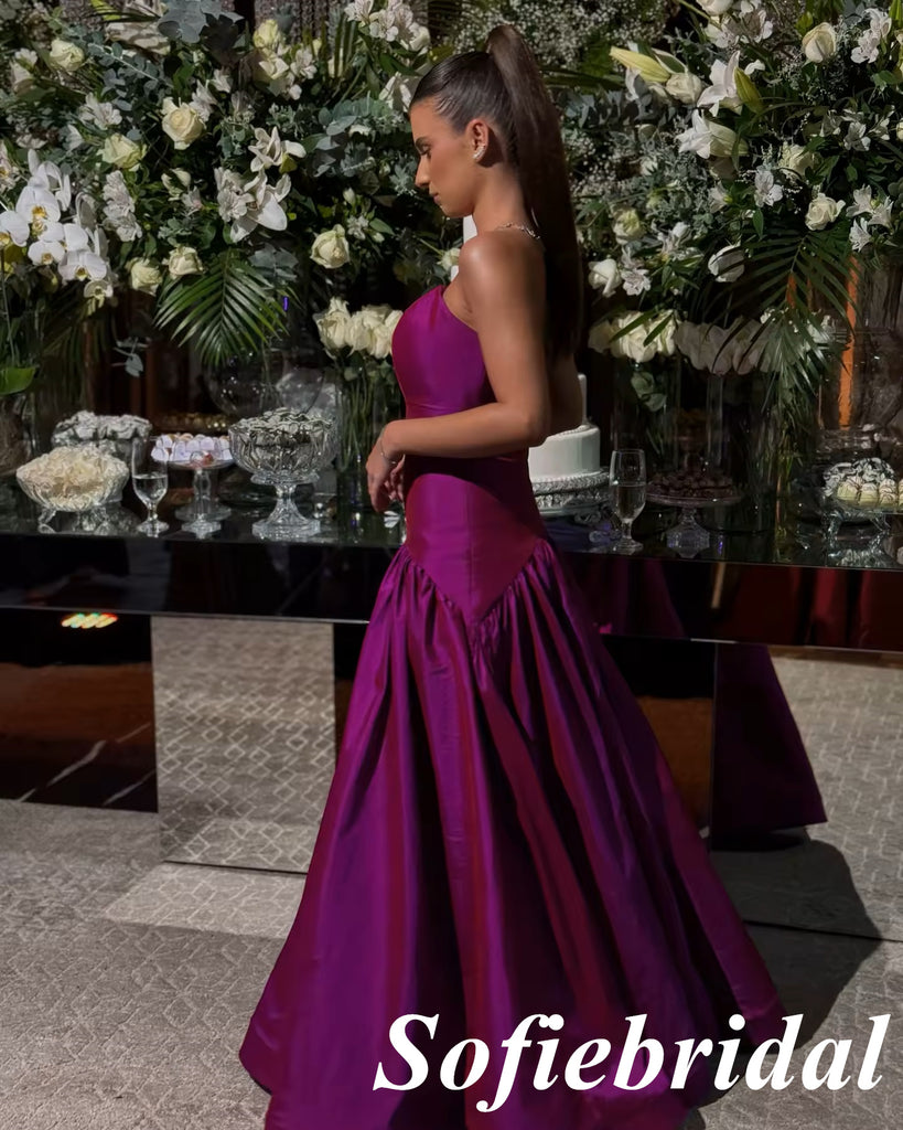 Magenta Purple Strapless Satin Gown with Gathered Skirt Glamorous Evening Party Dress, PD01252