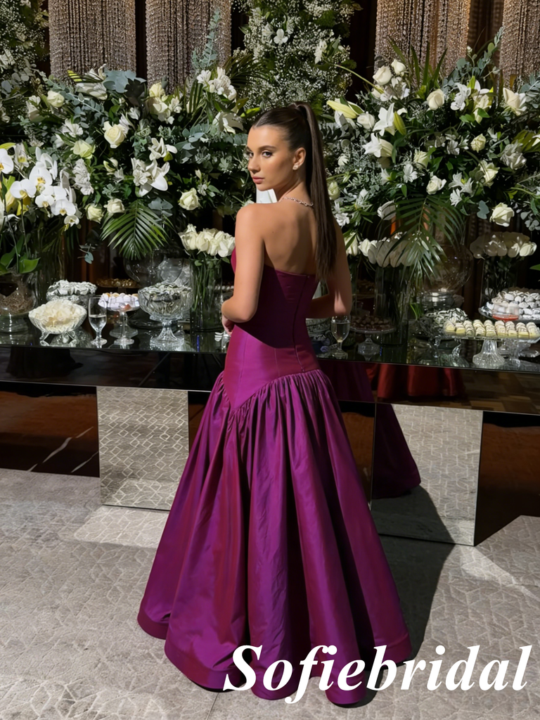 Magenta Purple Strapless Satin Gown with Gathered Skirt Glamorous Evening Party Dress, PD01252