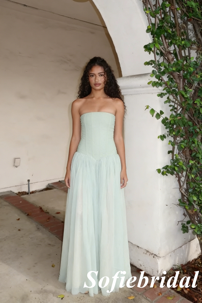 Mint Green Strapless Tulle Maxi Dress with Slit – Boho Bridesmaid & Prom Gown, PD01254