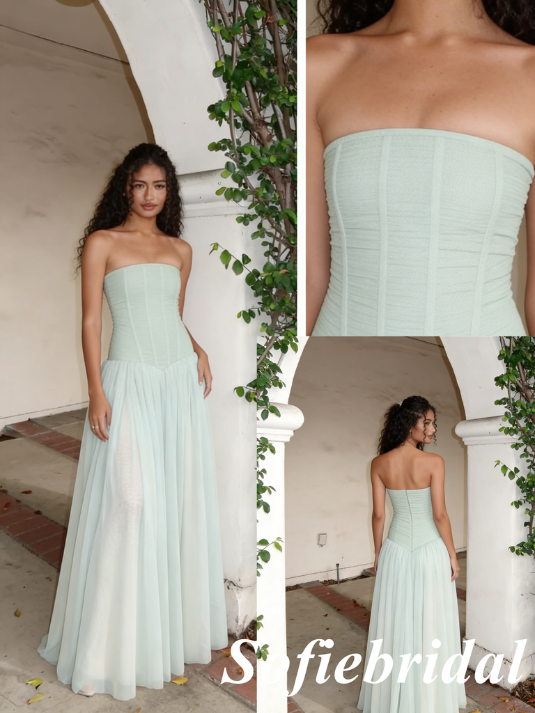 Mint Green Strapless Tulle Maxi Dress with Slit – Boho Bridesmaid & Prom Gown, PD01254